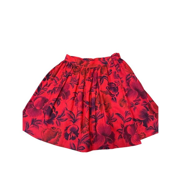 Vintage 1980s Escada Red Black Floral Pleated A Line Skirt